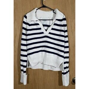 Abercrombie & Fitch White Navy Striped Collared Sweater Nautical Preppy Sz Small